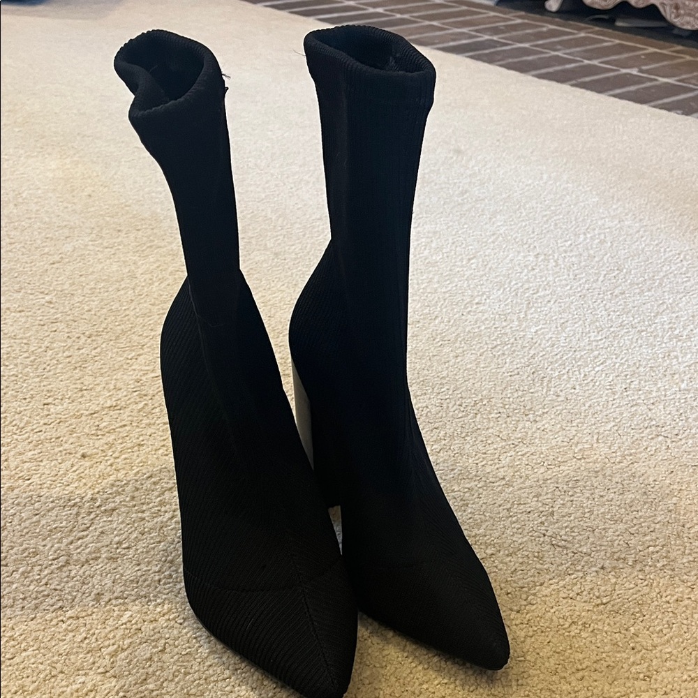 Black Stretch-Knit Pointed Sock Boots - Women's Heeled Booties